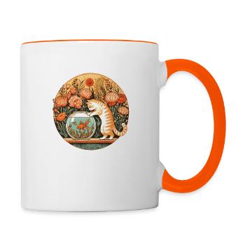Neugieriges Kätzchen, Katze und Goldfisch - Tasse zweifarbig - Weiß/Orange - Rechts