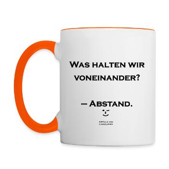 Was halten wir voneinander? – Abstand. ;-) - Tasse zweifarbig - Weiß/Orange - Links