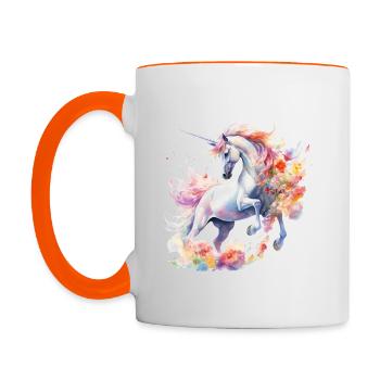 Einhorn mit Blumen, Unicorn with Flowers - Tasse zweifarbig - Weiß/Orange - Links