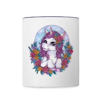 Niedliches Einhorn mit Blumen Geschenk Mädchen - Tasse zweifarbig - Weiß/Kobaltblau - Vorne