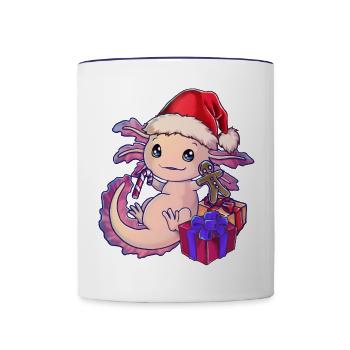 Lustiges Weihnachtsaxolotl - Axolotl mit Geschenk - Tasse zweifarbig - Weiß/Kobaltblau - Vorne