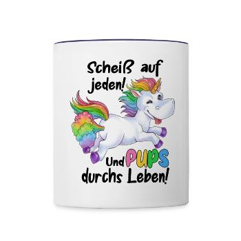 Scheiß auf jeden und Pups durchs Leben - Einhorn - Tasse zweifarbig - Weiß/Kobaltblau - Vorne