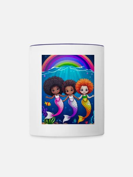Bunte Meerjungfrauen mit Regenbogenhintergrund - Tasse zweifarbig - Weiß/Kobaltblau