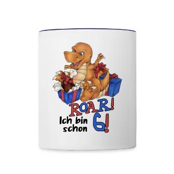 "Roar ich bin schon 6" Dino zum Geburtstag - Tasse zweifarbig - Weiß/Kobaltblau - Vorne