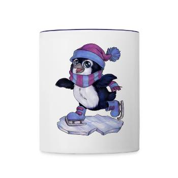 Niedlicher Chibi Pinguin mit Schal & Schlittschuh - Tasse zweifarbig - Weiß/Kobaltblau - Vorne
