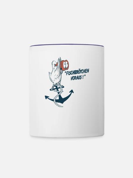 Fischbrötchen Voraus, Lustige Möwe und Delikatesse - Tasse zweifarbig - Weiß/Kobaltblau