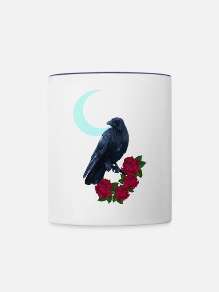 krähe, Rosenblüte, Mondsichel, goth, Vögel - Tasse zweifarbig - Weiß/Kobaltblau