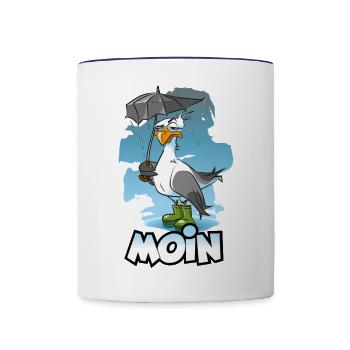 Möwe mit Regenschirm und Gummistiefel - Moin - Tasse zweifarbig - Weiß/Kobaltblau - Vorne