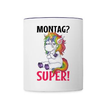 Einhorn - Montag? Super! Genervt Muffel Böse - Tasse zweifarbig - Weiß/Kobaltblau - Vorne