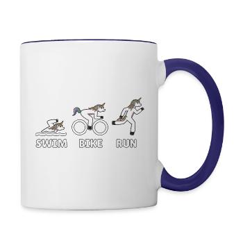 Triathlon Einhorn als Geschenkidee für Triathleten - Tasse zweifarbig - Weiß/Kobaltblau - Rechts