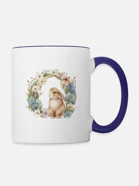 Kaninchen Blumenkranz - Tasse zweifarbig - Weiß/Kobaltblau