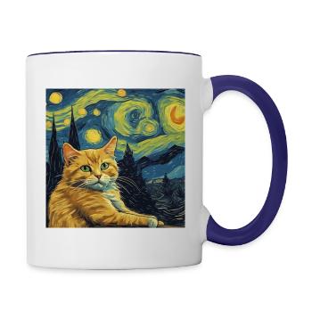 Rote Katze in Van Goghs Sternennacht - Tasse zweifarbig - Weiß/Kobaltblau - Rechts