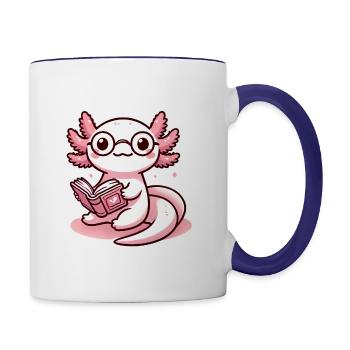 Entzückender Bücherwurm Axolotl Karikatur - Tasse zweifarbig - Weiß/Kobaltblau - Rechts