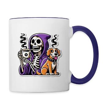 Skelett Kaffee Liebhaber mit Hund - Tasse zweifarbig - Weiß/Kobaltblau - Rechts