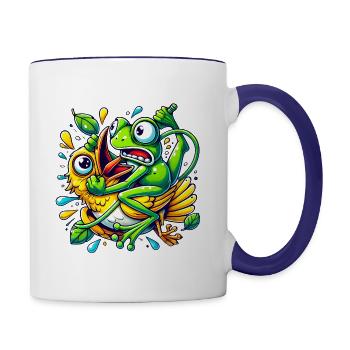 drôle de grenouille s’accrochant à un oiseau dessin animé - Mug contrasté - blanc/bleu cobalt - Droite