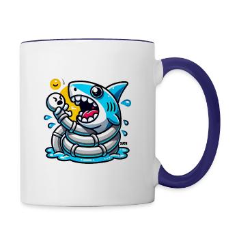 Lustiger Haibiss-Cartoon Sticker - Tasse zweifarbig - Weiß/Kobaltblau - Rechts