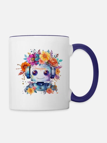 Lieblicher Blumen-Roboter - Tasse zweifarbig - Weiß/Kobaltblau