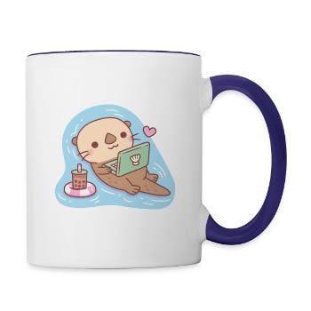 Süßer Otter chillt mit Laptop lustig - Tasse zweifarbig - Weiß/Kobaltblau - Rechts