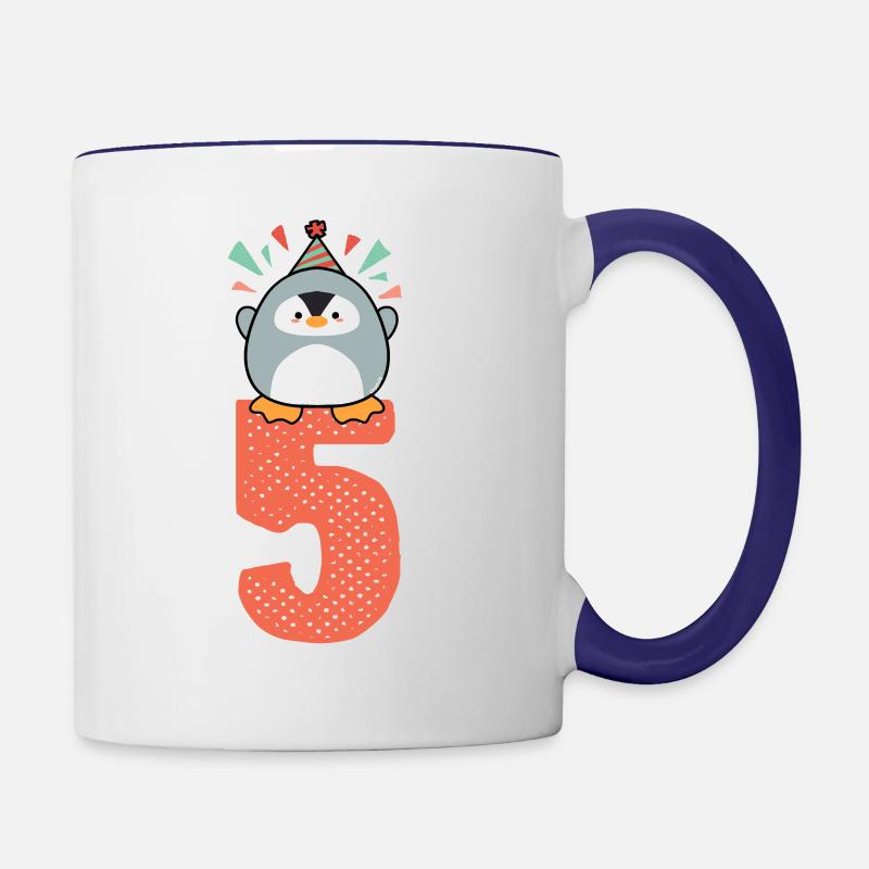 Pinguin 5. Geburtstag Mädchen - Tasse zweifarbig - Weiß/Kobaltblau