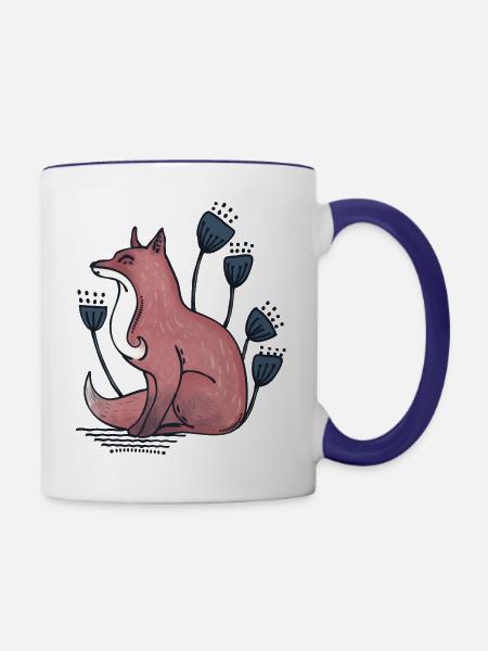Fuchs mit Blumen - Tasse zweifarbig - Weiß/Kobaltblau