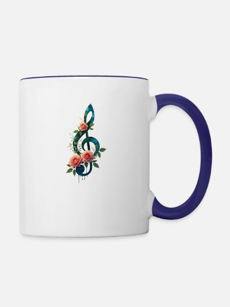 Blumiger Violinschlüssel Harmonie - Tasse zweifarbig - Weiß/Kobaltblau