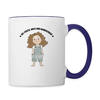 Sei Frech Wild Und Wunderbar Mädchen mit Latzhose - Tasse zweifarbig - Weiß/Kobaltblau - Rechts