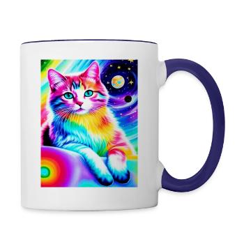 Bunte kosmische Kawaii-Katze - Tasse zweifarbig - Weiß/Kobaltblau - Rechts