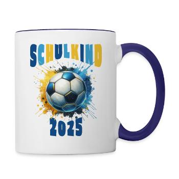 Einschulung Schulkind 2025 Fußball Fussball - Tasse zweifarbig - Weiß/Kobaltblau - Rechts