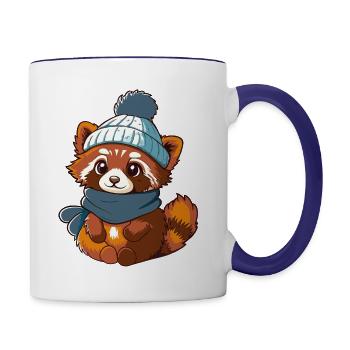 Niedlicher roter Panda mit Schal und Pudelmütze. - Tasse zweifarbig - Weiß/Kobaltblau - Rechts