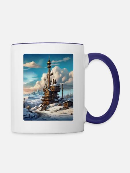 Steampunk Winterlandschaft mit Funkturm 1.11 - Tasse zweifarbig - Weiß/Kobaltblau