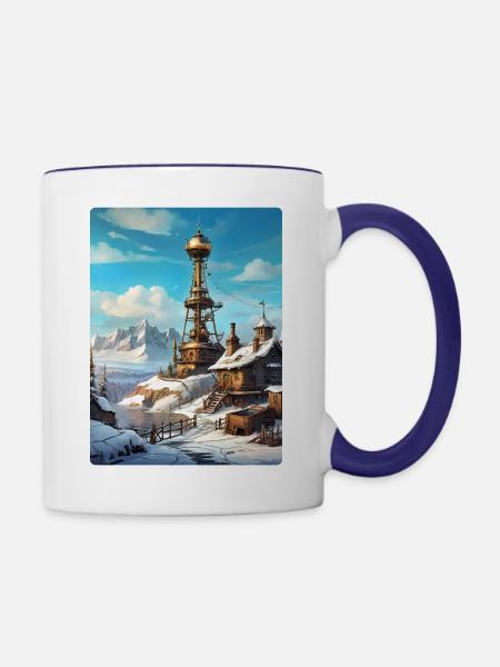 Steampunk Winterlandschaft mit Funkturm 1.7 - Tasse zweifarbig - Weiß/Kobaltblau