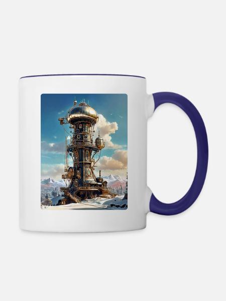 Steampunk Winterlandschaft mit Funkturm 1.10 - Tasse zweifarbig - Weiß/Kobaltblau