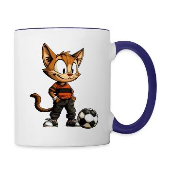 Katze Fussballer - Tasse zweifarbig - Weiß/Kobaltblau - Rechts