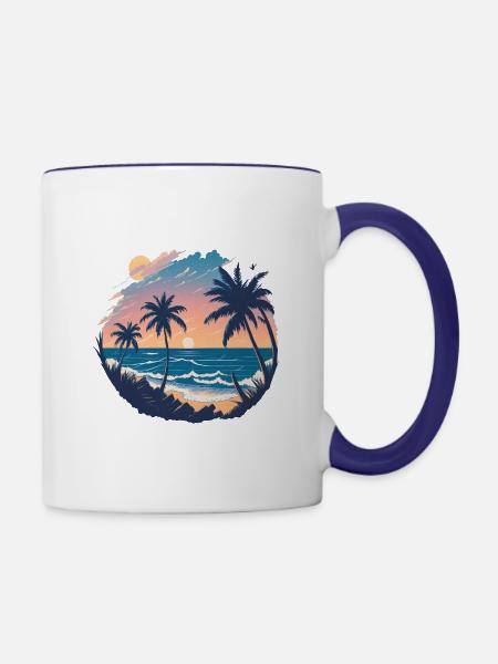 Sonnenuntergang am Palmenstrand - Tasse zweifarbig - Weiß/Kobaltblau