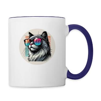 Neon Katze im Sonnenuntergang - Tasse zweifarbig - Weiß/Kobaltblau - Rechts