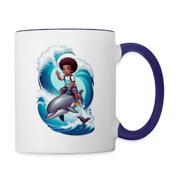 Kind Delfin Geschenkidee Wellenreiten Delfine - Tasse zweifarbig - Weiß/Kobaltblau - Rechts