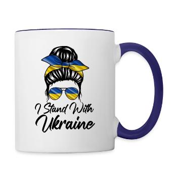 Womens Messy Bun Ukraine I Stand With Ukraine Flag - Contrasting Mug - white/cobalt blue - Right