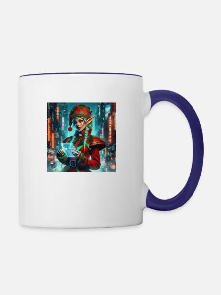 Cyberpunk Weihnachtselfe - Tasse zweifarbig - Weiß/Kobaltblau
