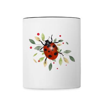 rot leuchtender Marienkäfer mit grünen Blätter - Tasse zweifarbig - Weiß/Schwarz - Vorne