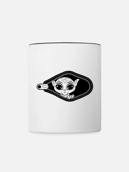 Alien guckt aus Reissverschluss - Tasse zweifarbig - Weiß/Schwarz