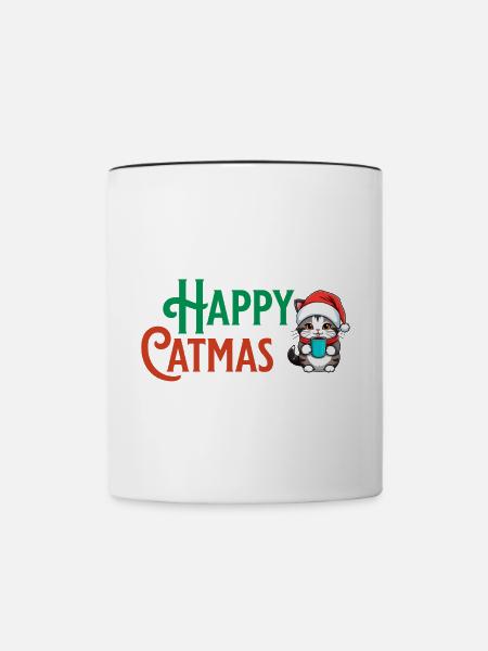 Happy Catmas mit süßer Katze - Tasse zweifarbig - Weiß/Schwarz