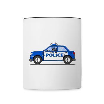 Voiture de police avec policier bleu et blanc - Mug contrasté - blanc/noir - Devant