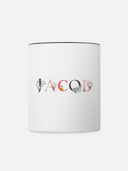 JACOB Namenskunst mit Blumen gestickt - Tasse zweifarbig - Weiß/Schwarz