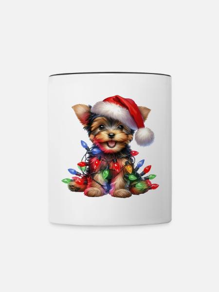 Festlicher Hund mit Lichterkette - Tasse zweifarbig - Weiß/Schwarz