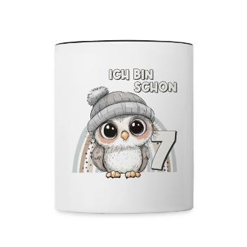 7. Geburtstag Eule Regenbogen Süß Niedlich - Tasse zweifarbig - Weiß/Schwarz - Vorne