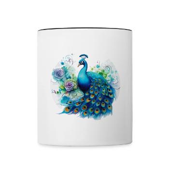 Pfau Blumen Pfauenfeder Exotisch Farbenfroh Bunt - Tasse zweifarbig - Weiß/Schwarz - Vorne