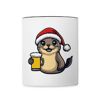 Robbe Tier Weihnachten Bier Lustig - Tasse zweifarbig - Weiß/Schwarz - Vorne