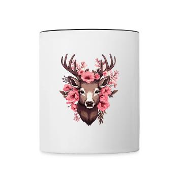 Reh Hirsch mit Blumen Trachten Rehkopf Hirschkopf - Tasse zweifarbig - Weiß/Schwarz - Vorne