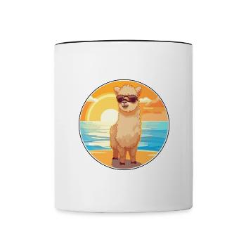 Alpaca Funny Cartoon Kawaii Beach Illustration - Contrasting Mug - white/black - Front