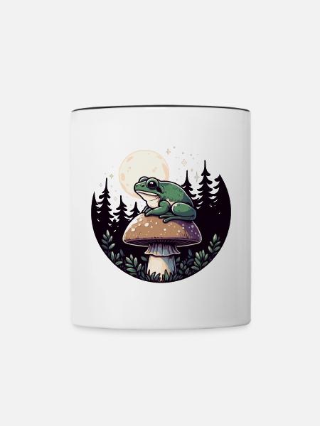 Frosch mit Pilz im Mondlicht Cottagecore - Tasse zweifarbig - Weiß/Schwarz